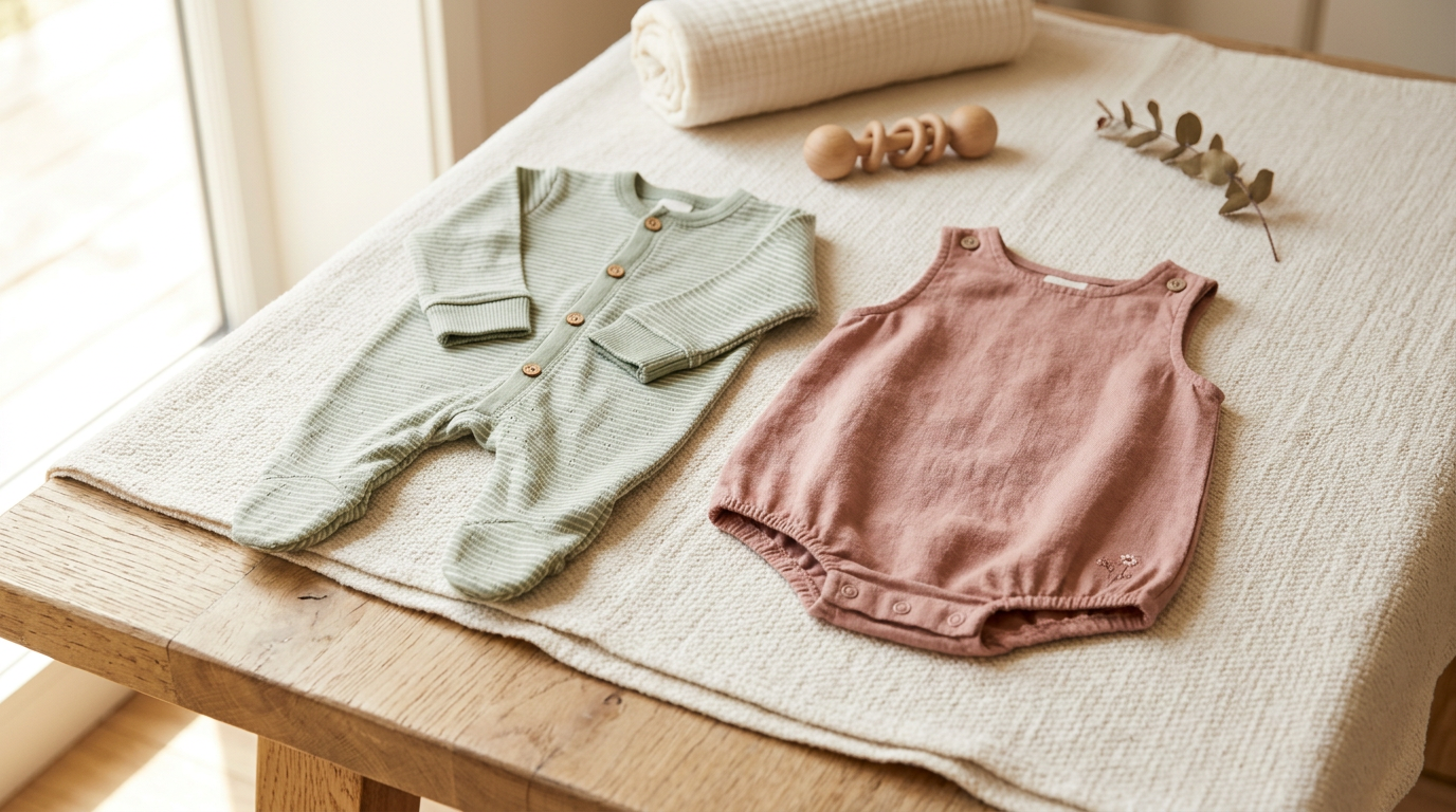 Baby Maya wearing a ribbed onesie romper while crawling on a rug