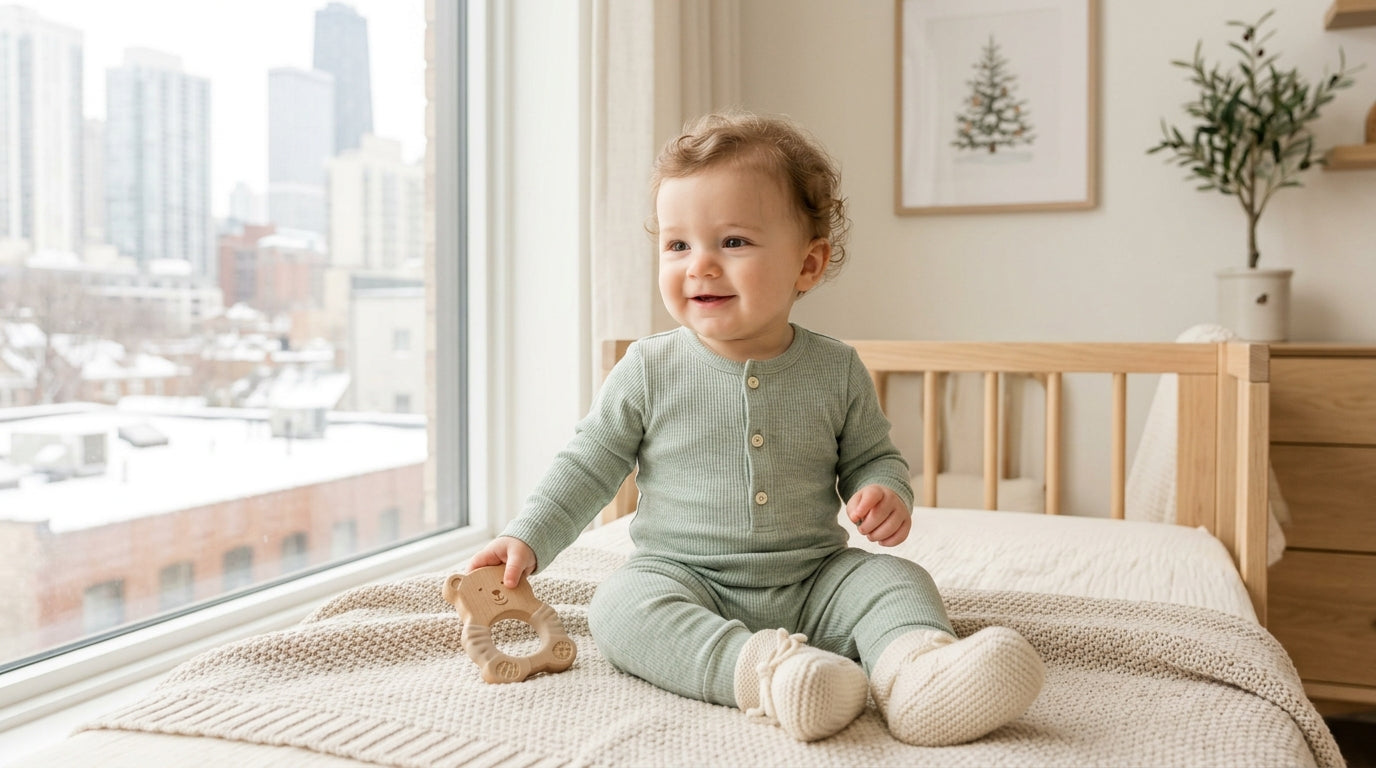 A pile of folded organic cotton infant garments sitting on a wooden nursery changing table