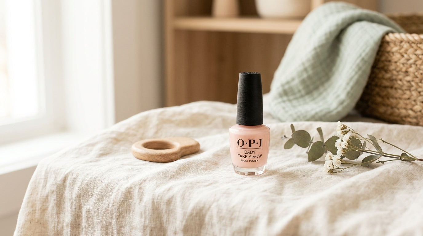 A bottle of OPI Baby Take a Vow sheer pink nail polish sitting on a bathroom counter next to baby lotion