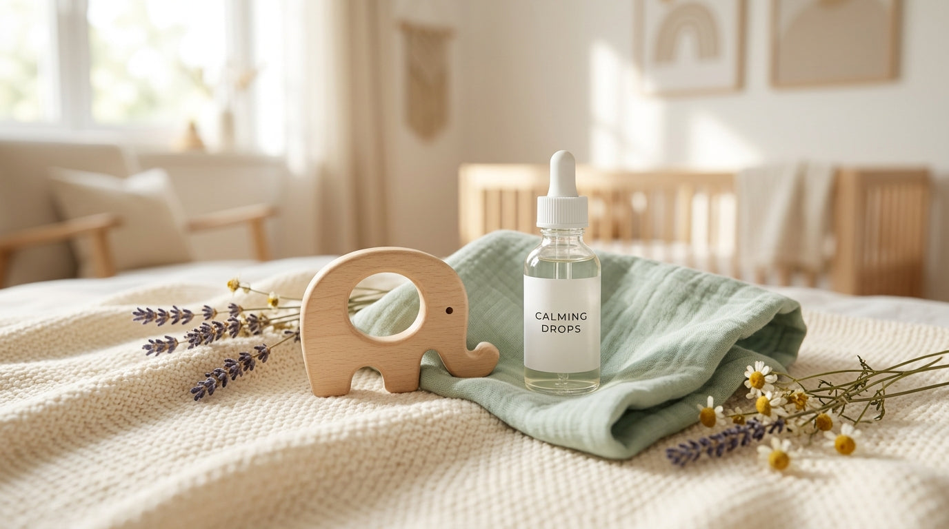 Dad holding two teething baby twins covered in drool and a silicone panda teether