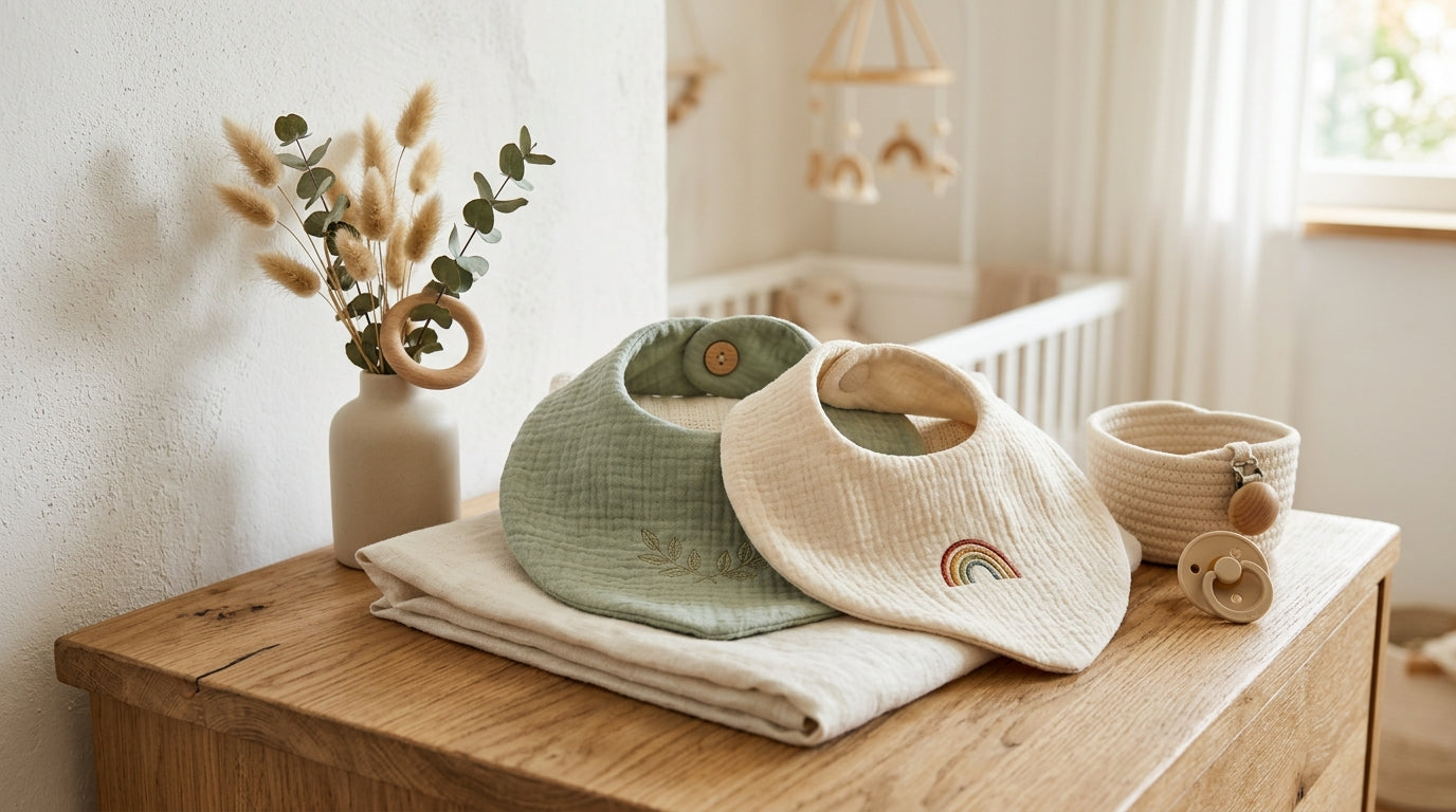 Messy toddler eating in a high chair wearing a soft organic cotton snap bib.
