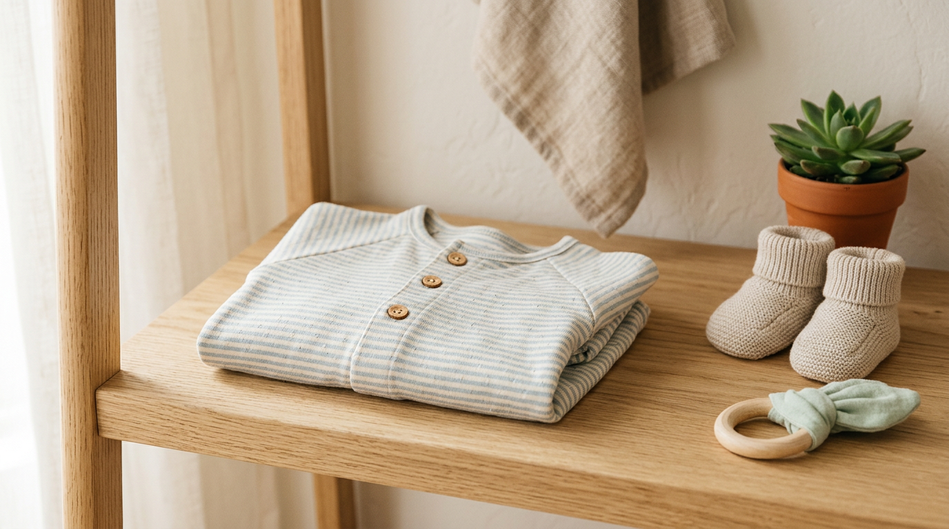 Baby boy crawling on a rug in a soft green organic cotton jumpsuit with front pockets