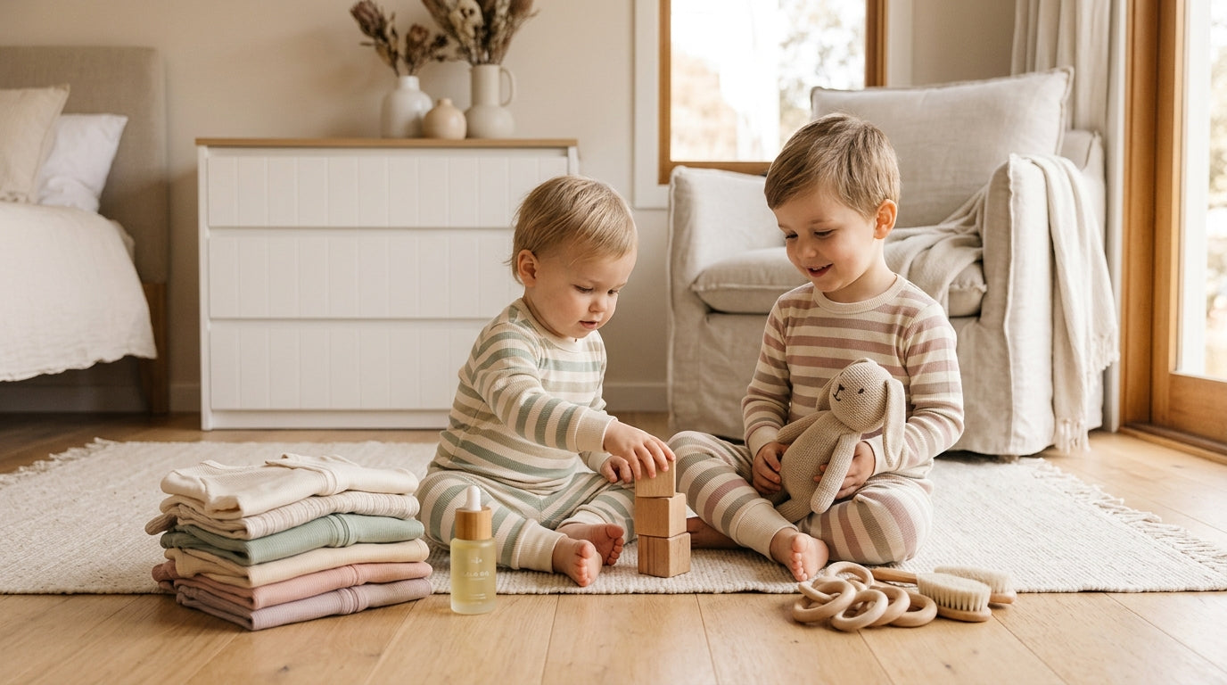 Exhausted mom holding a coffee mug while looking at baby clothes