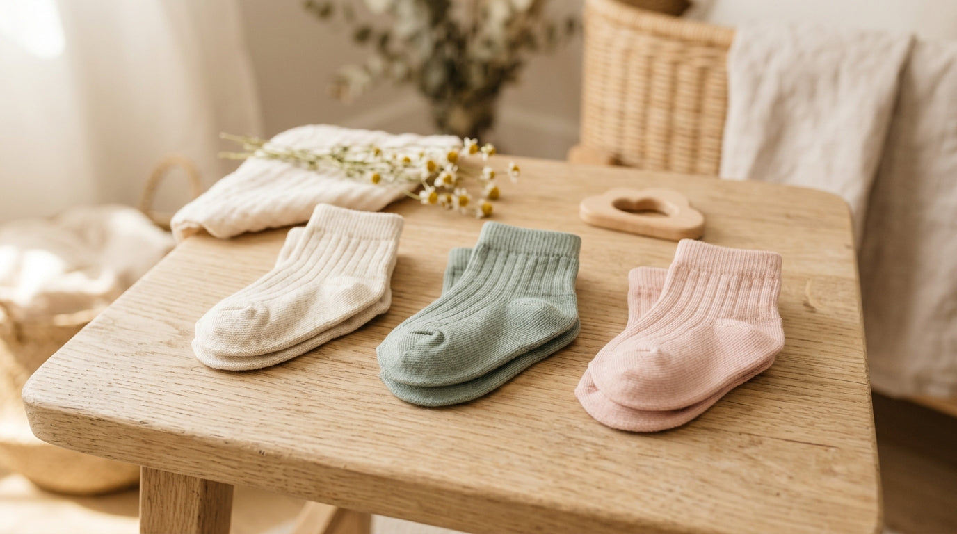 Red peeling baby ankles next to organic infant socks
