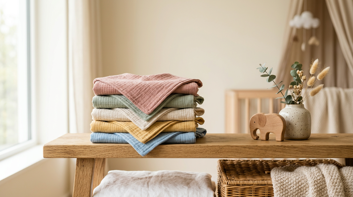 Twin babies wearing damp muslin bibs while sitting on a living room rug