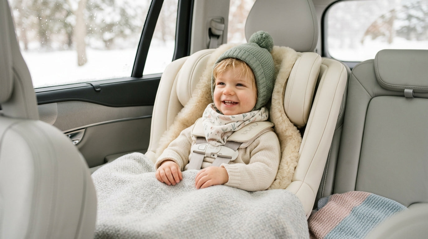 Frustrated mom adjusting baby in car seat wearing a thin wool overall