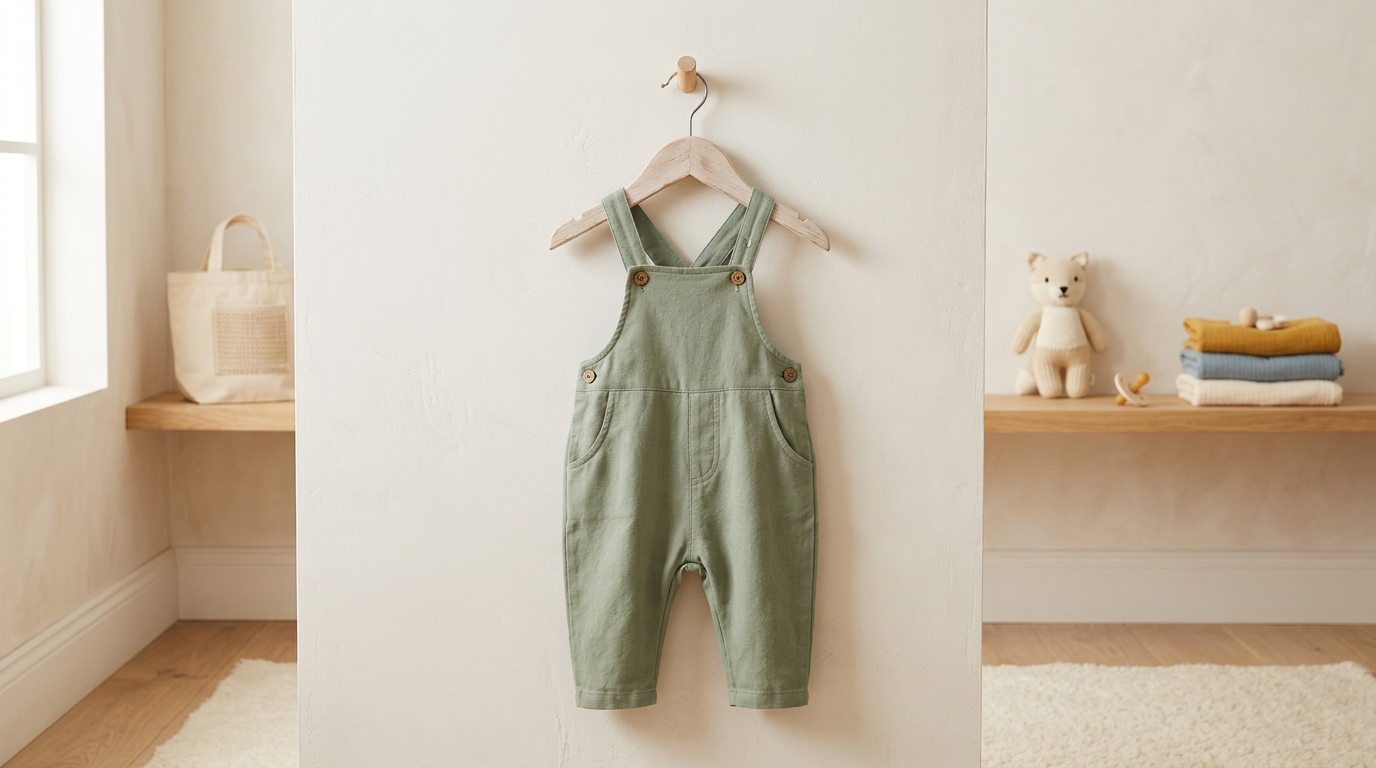 A fussy toddler wearing organic cotton farmer pants sitting on a living room rug while chewing on a wooden toy.