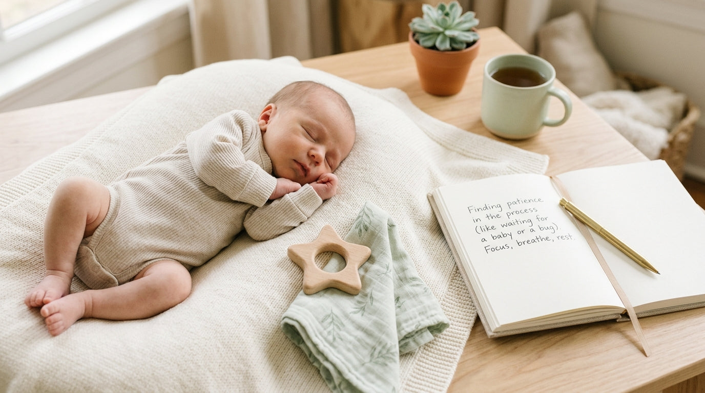 A tired dad looking at a laptop while holding a baby
