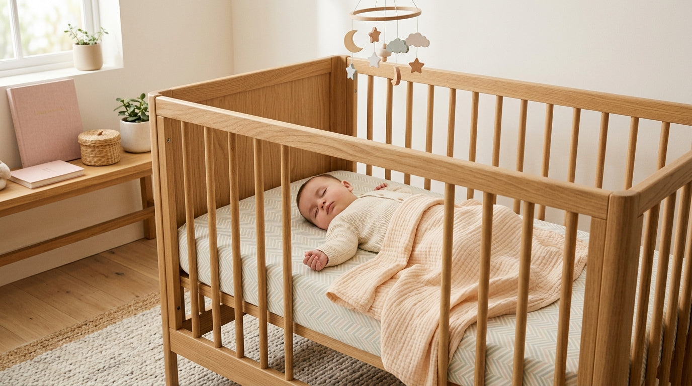 A dad looking confused while holding an Allen wrench next to a half-assembled wooden crib.