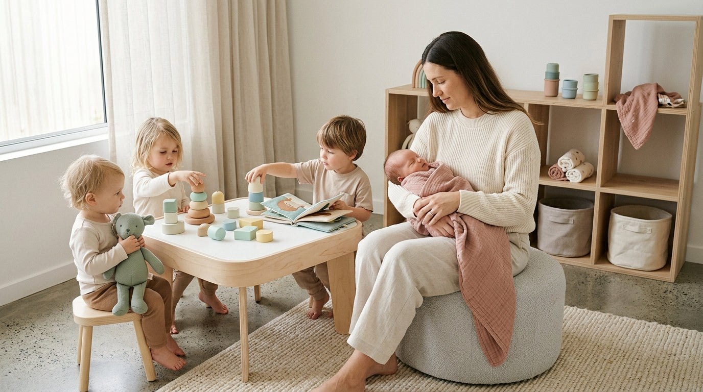Tired mother holding an infant while looking at her phone in a dimly lit room