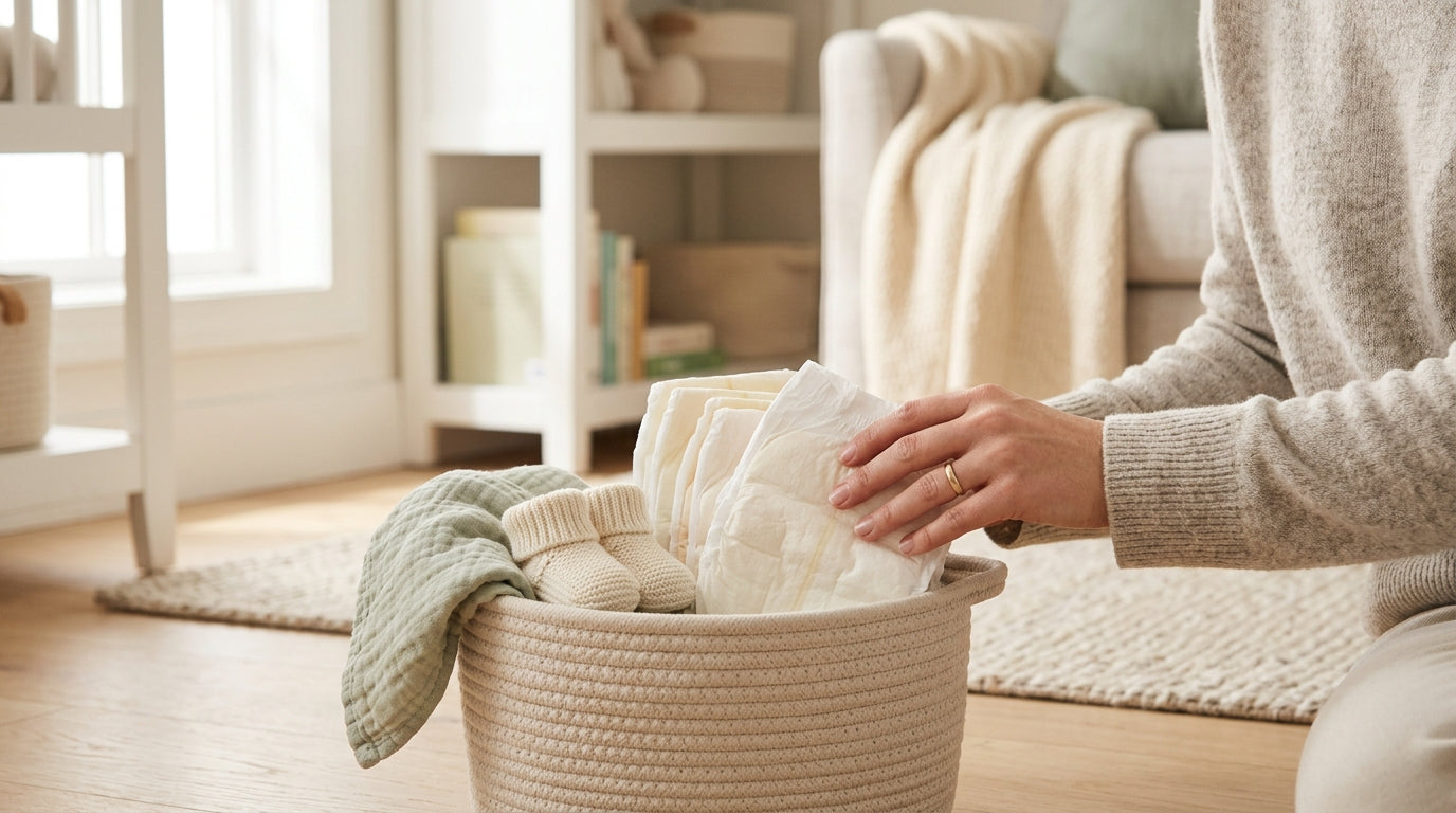 Tired mom holding a sagging diaper next to a toddler in the nursery