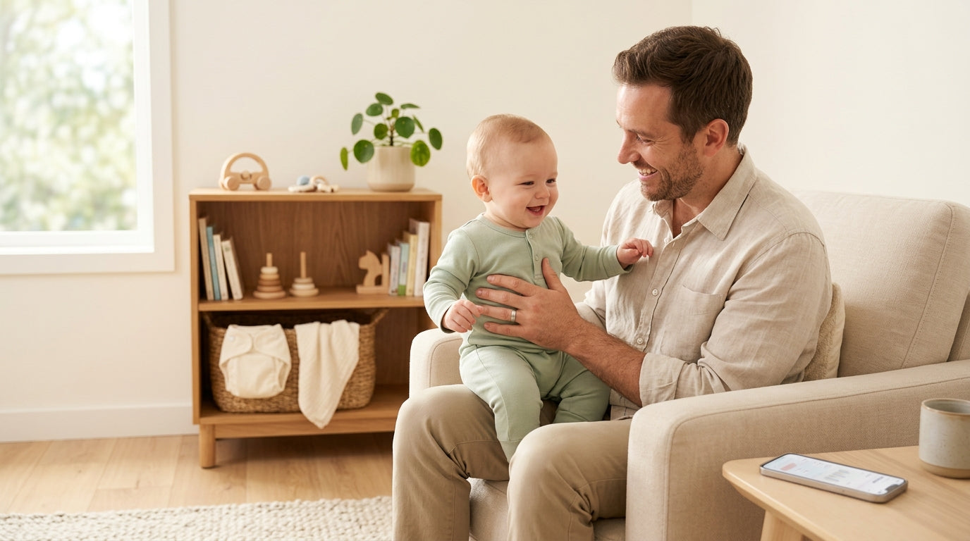 Tired dad holding a squirming 11-month-old while trying to scan a diaper barcode.