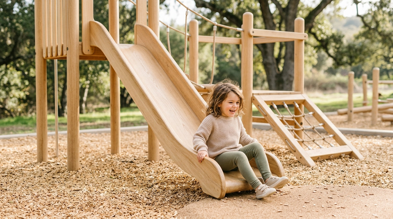 Mother sitting on a park bench watching her toddler climb a wooden structure.