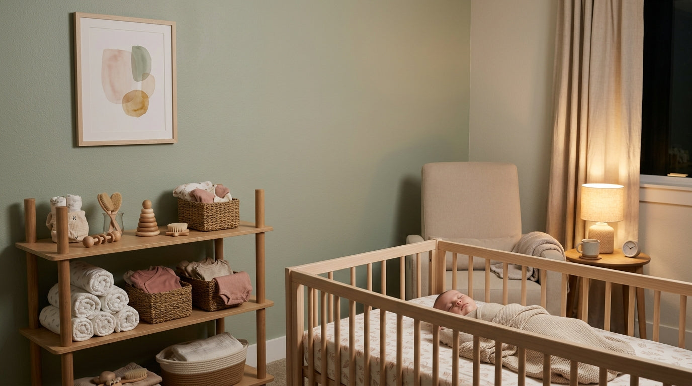 A dad sitting on a nursery floor organizing tiny baby socks next to a wooden play gym.