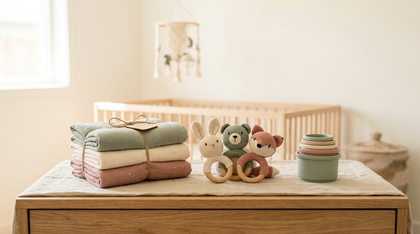 A tired mother holding a coffee mug and a baby in a messy kitchen