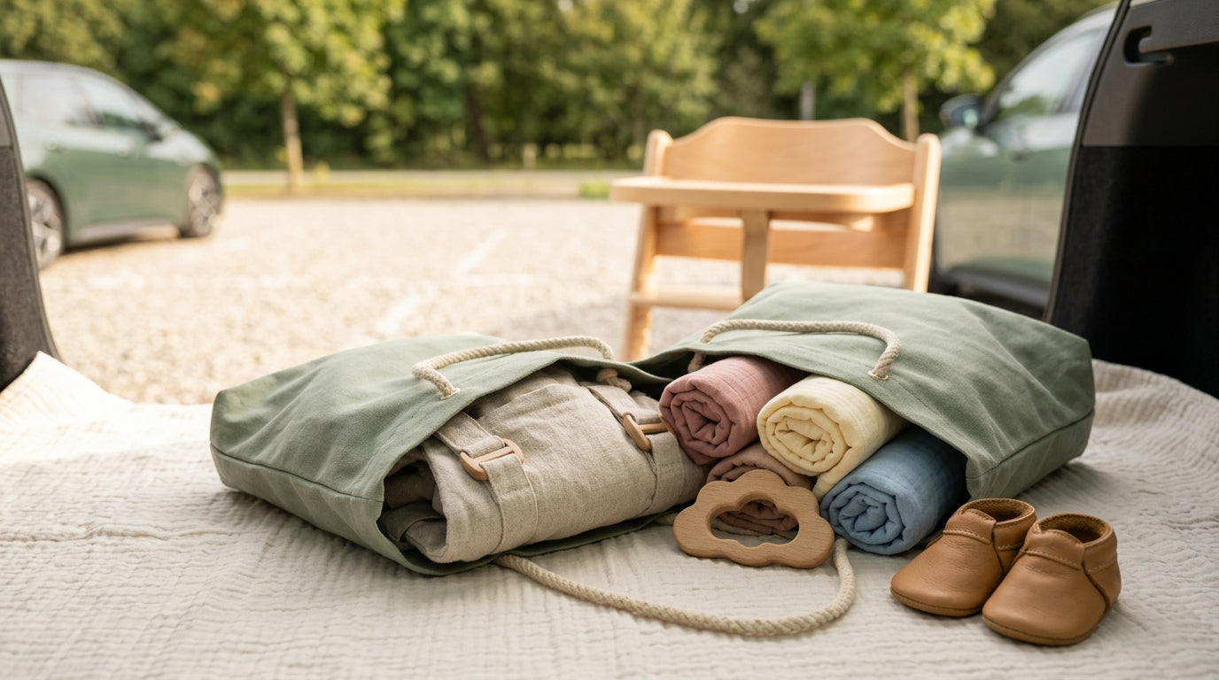A tired mother locking her car door from the inside while holding a sleeping infant.