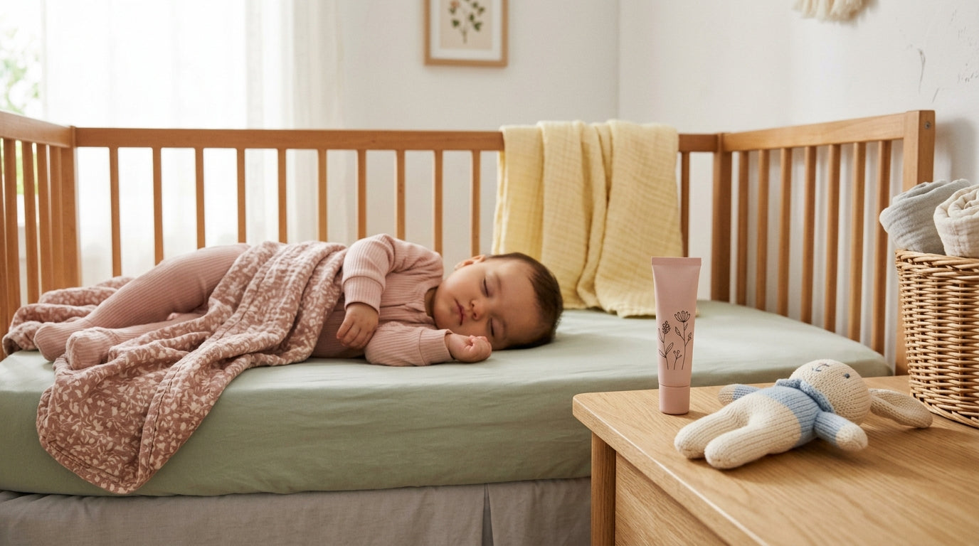 A messy nursery floor with a soft pastel swaddle blanket and a coffee mug
