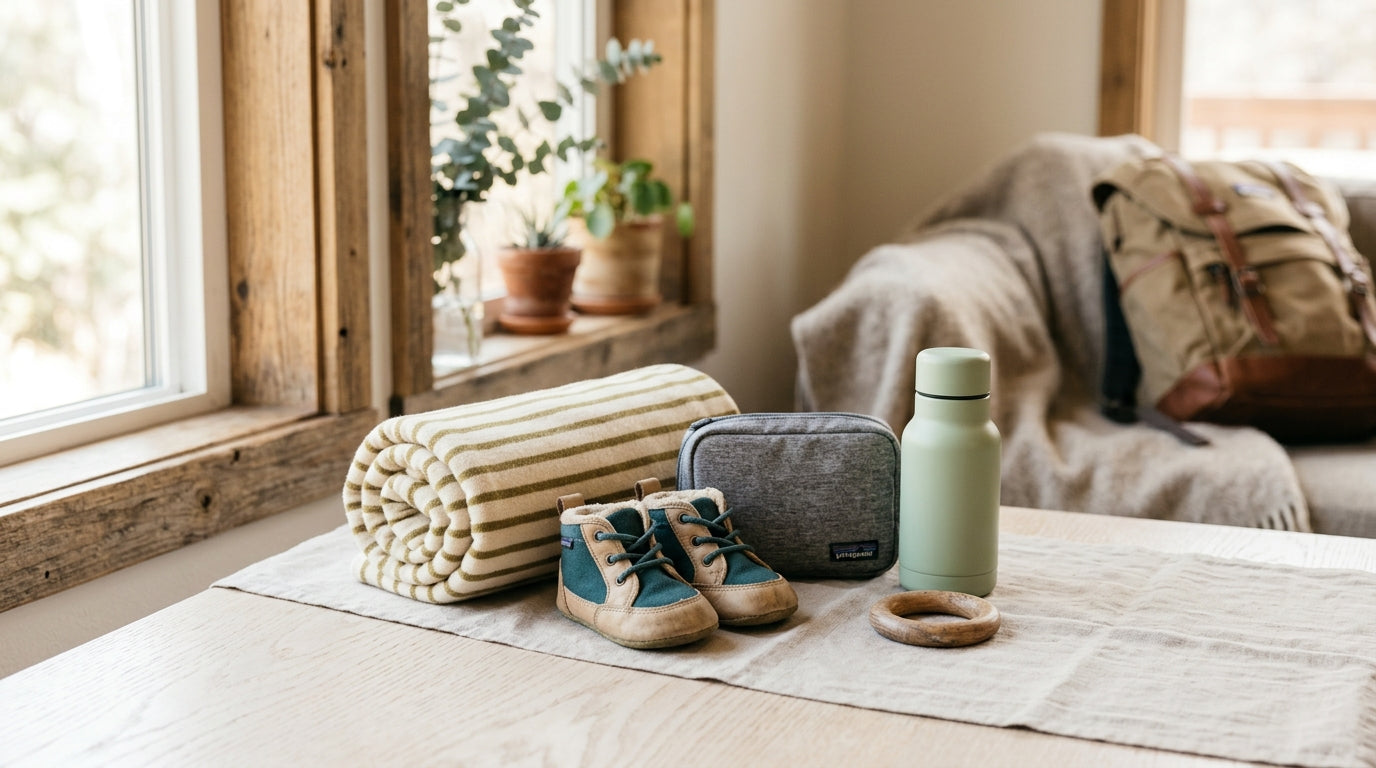 Mother carrying her infant in a carrier on a windy mountain trail