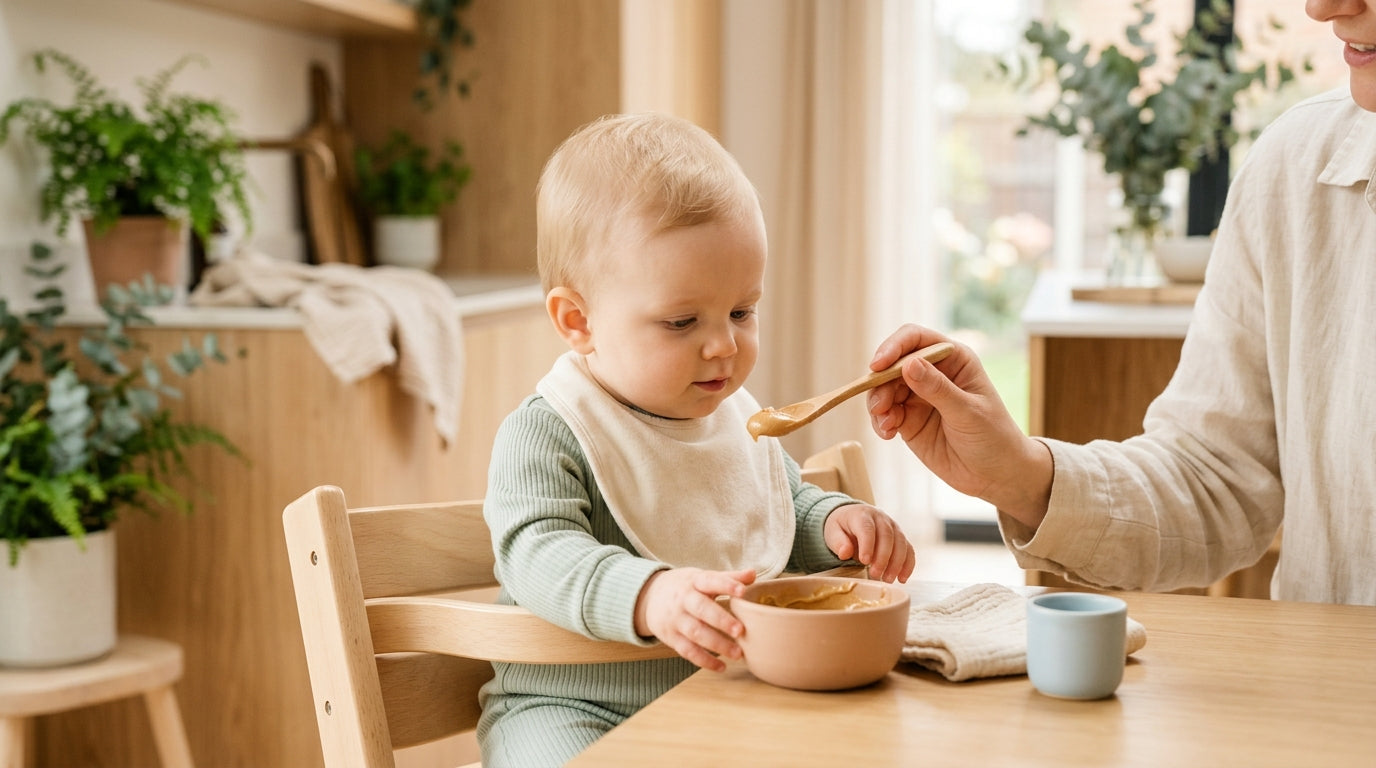 A dad nervously holding a baby spoon with thinned peanut butter next to a high chair