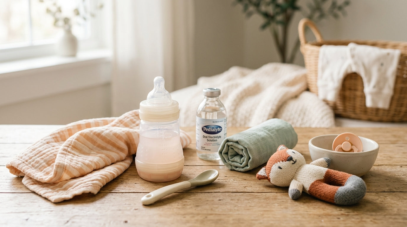 Mom holding a sick baby with a medicine syringe and oral rehydration drink