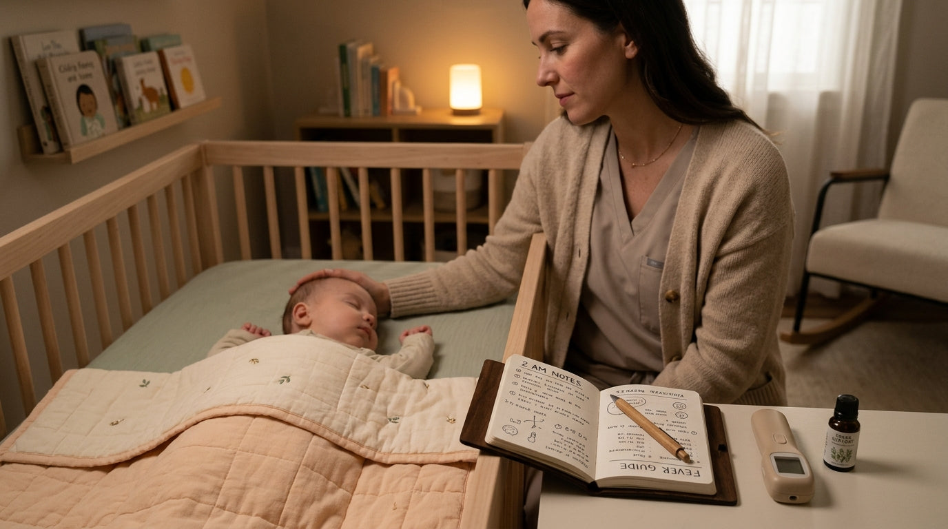 Mom in dimly lit nursery checking infant's temperature.
