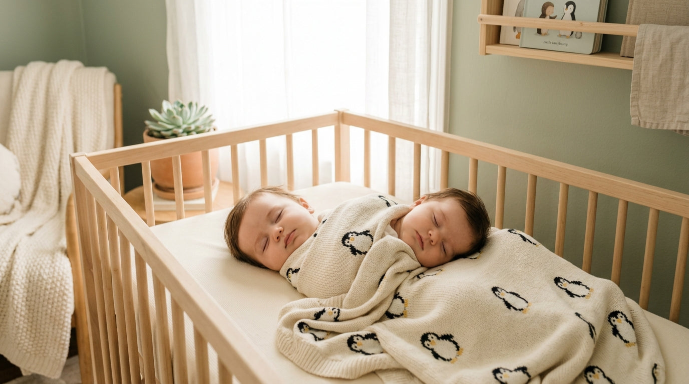 Jess holding a folded black and white organic cotton penguin blanket