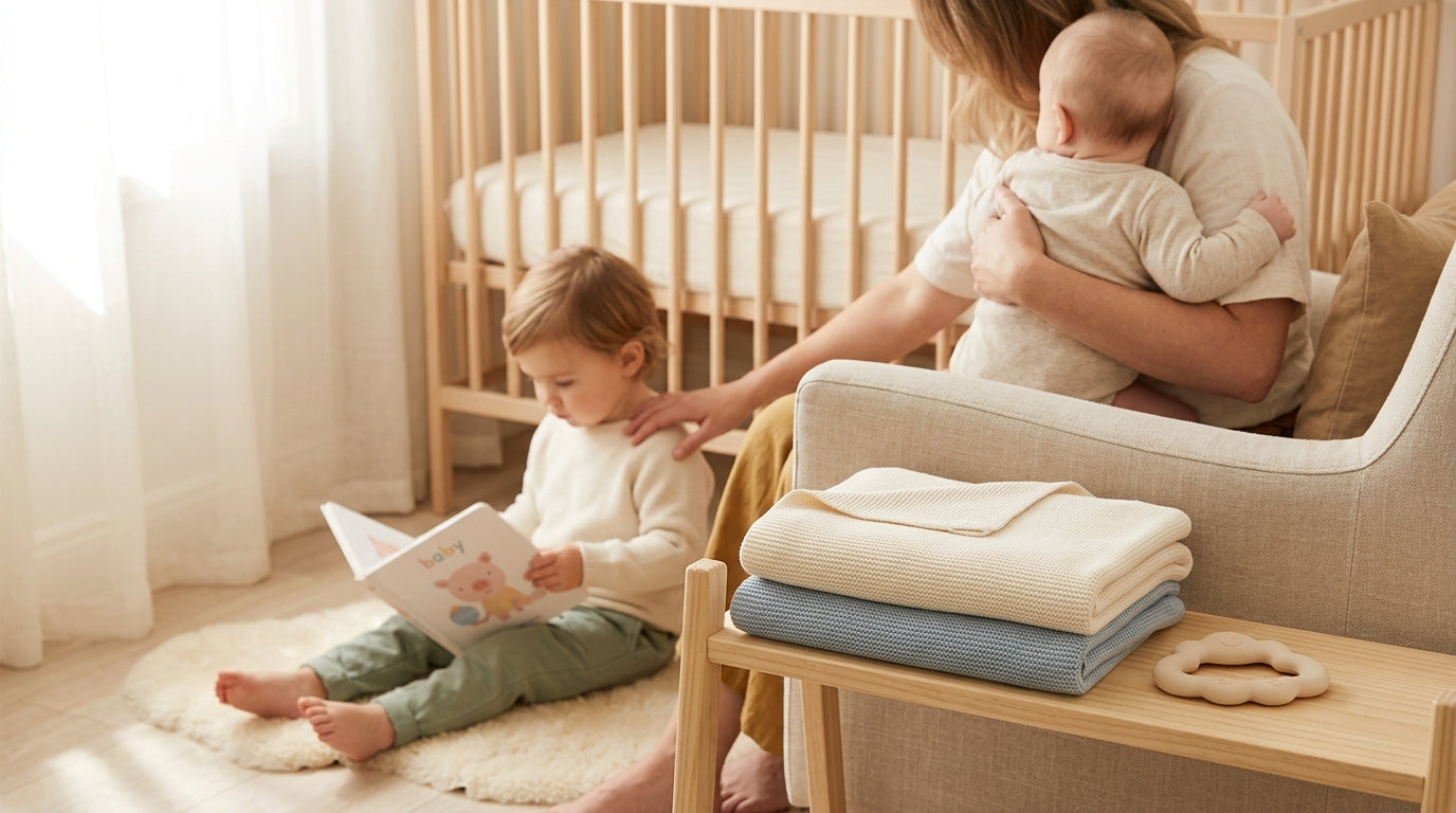 A tired mom holding a toddler and a newborn baby in a messy living room