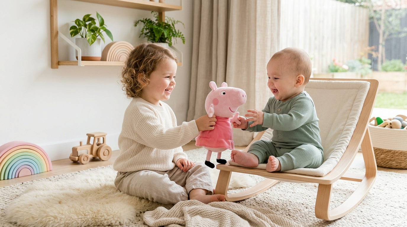 Two toddlers pointing at a television screen showing a cartoon pig family