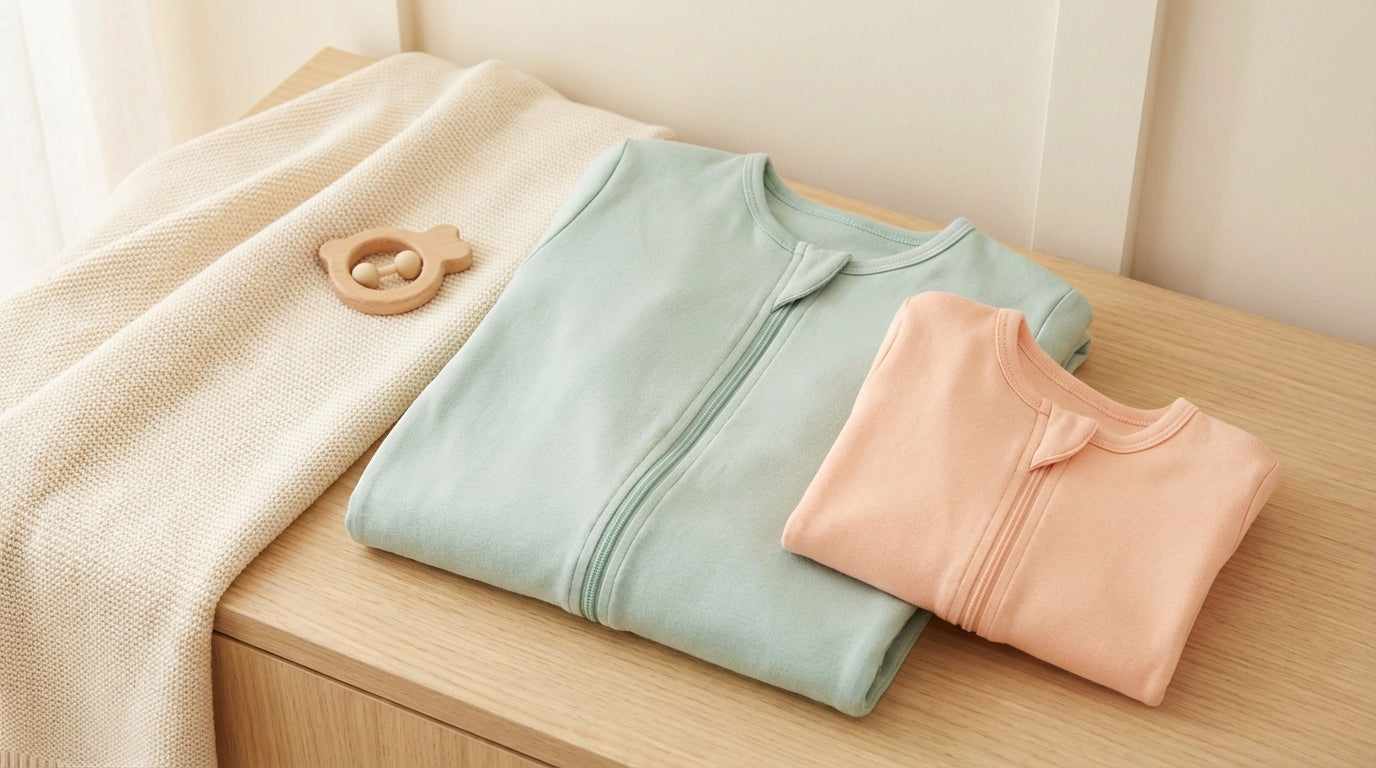 Exhausted dad holding two baby sleepsuits looking hopelessly confused