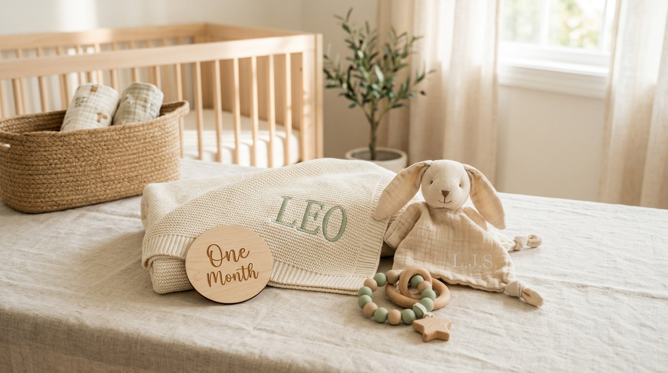 Wooden play gym with neutral toys in a modern baby nursery