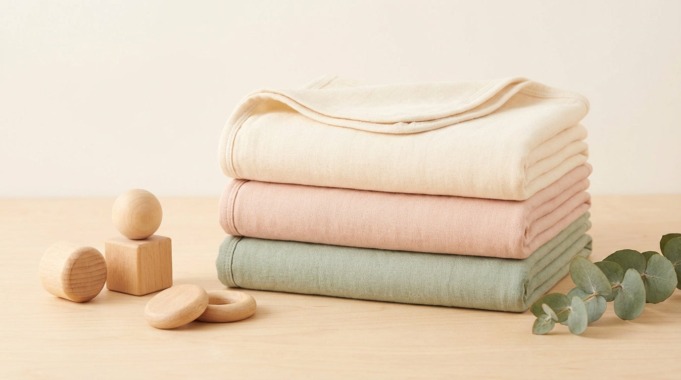 A folded organic cotton baby blanket resting on a nursery rocking chair.