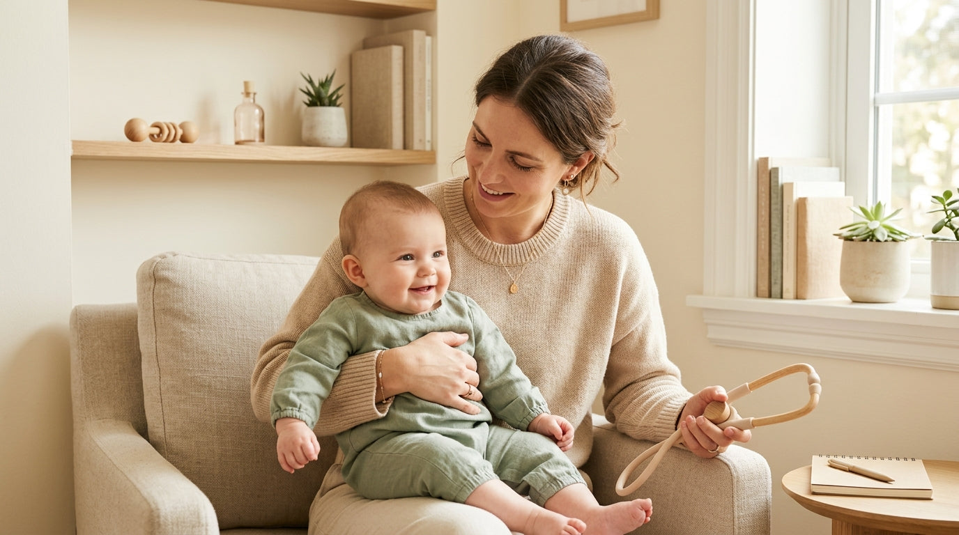 Tired mom holding a newborn baby in a pediatrician clinic waiting room