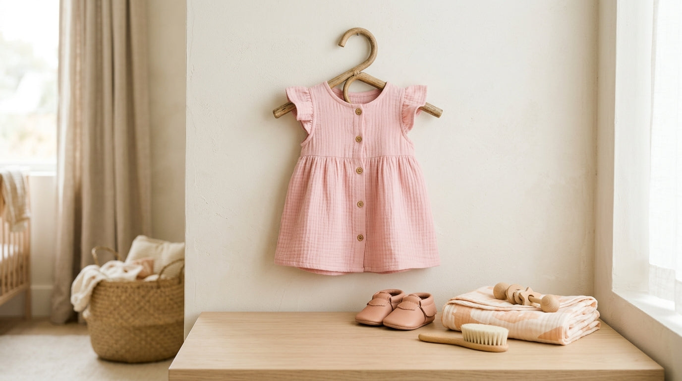Pregnant woman in a relaxed pink wrap dress at a baby shower
