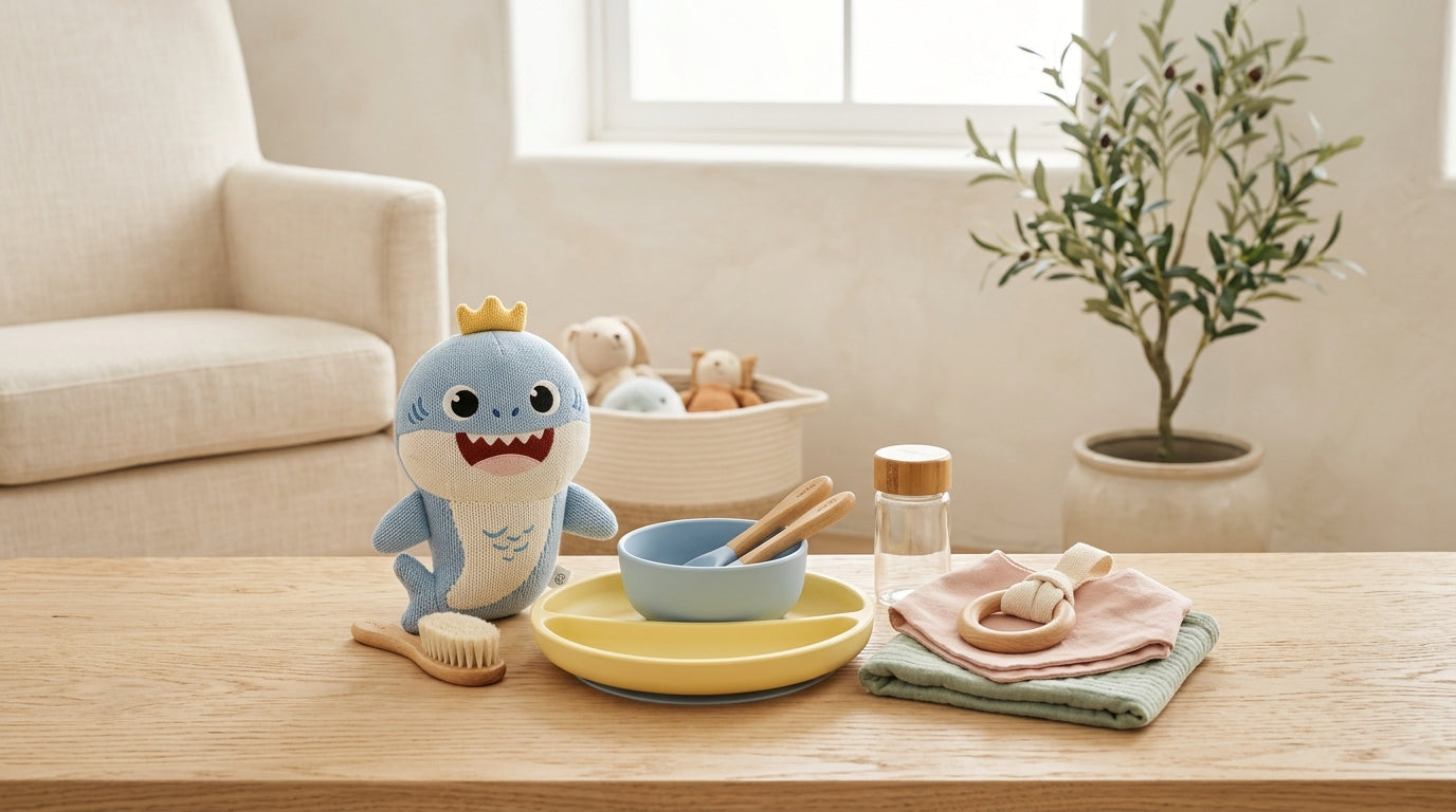 A frustrated mom holding a toddler while pinkfong baby shark plays on a tablet.