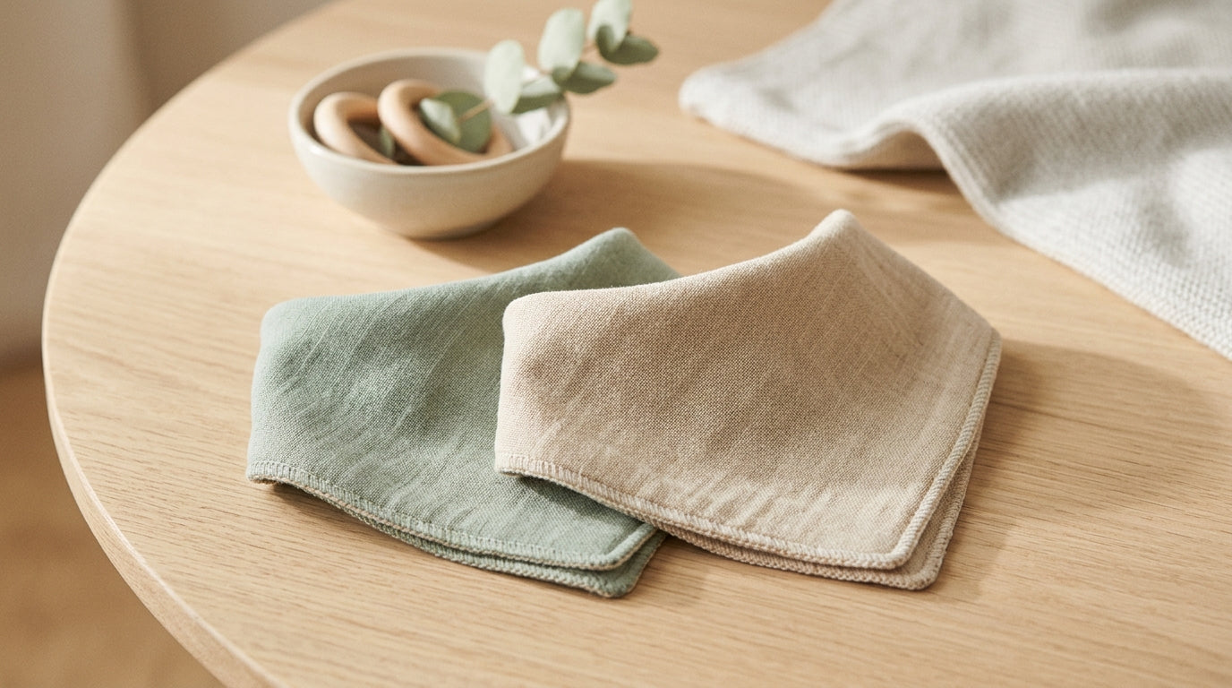 A crumpled Pippi lätzchen bandana bib on a coffee table next to a half-empty mug.