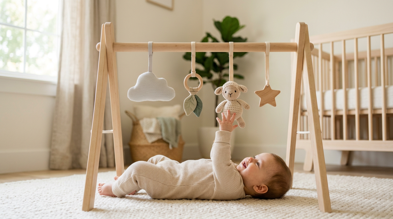 Wooden infant activity arch over an organic mat in a Chicago apartment.