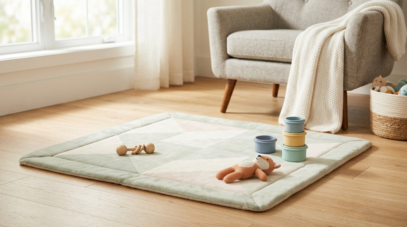 A messy living room floor with a round waterproof baby mat and wooden toys.