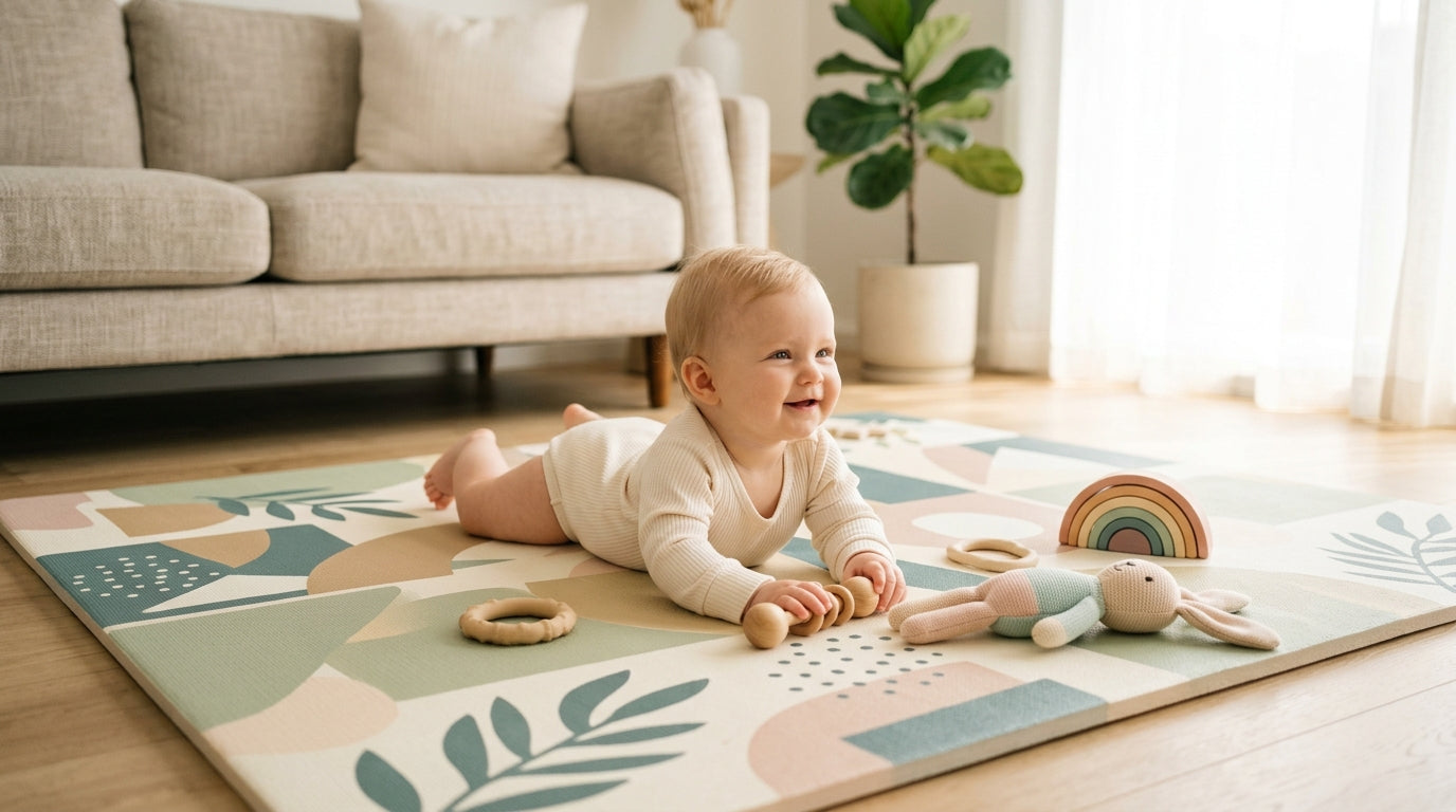 Exhausted mom drinking coffee while baby plays on a wooden play mat in a modern living room.