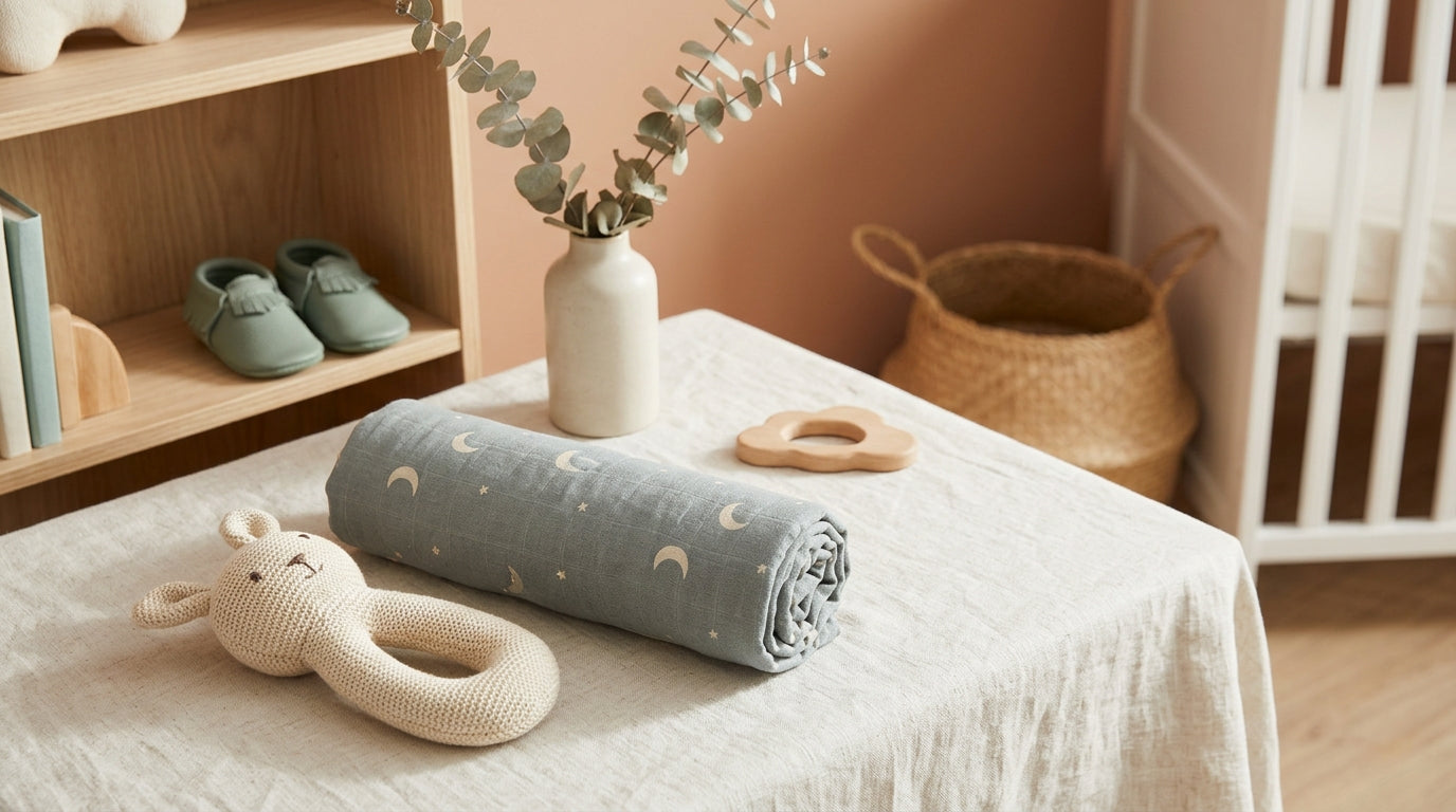 A confused dad looking at his phone while holding a silicone baby teether