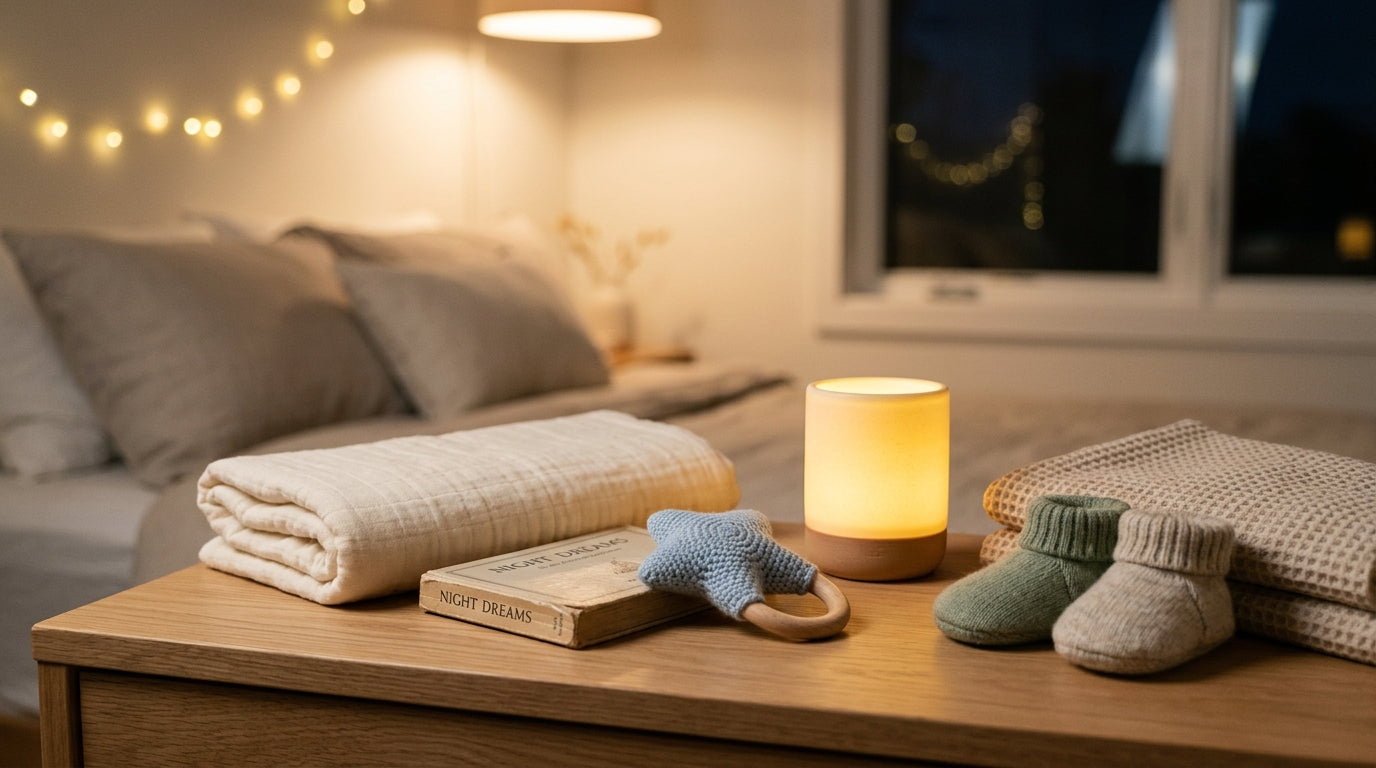 A tired dad looking at his phone in a dark nursery