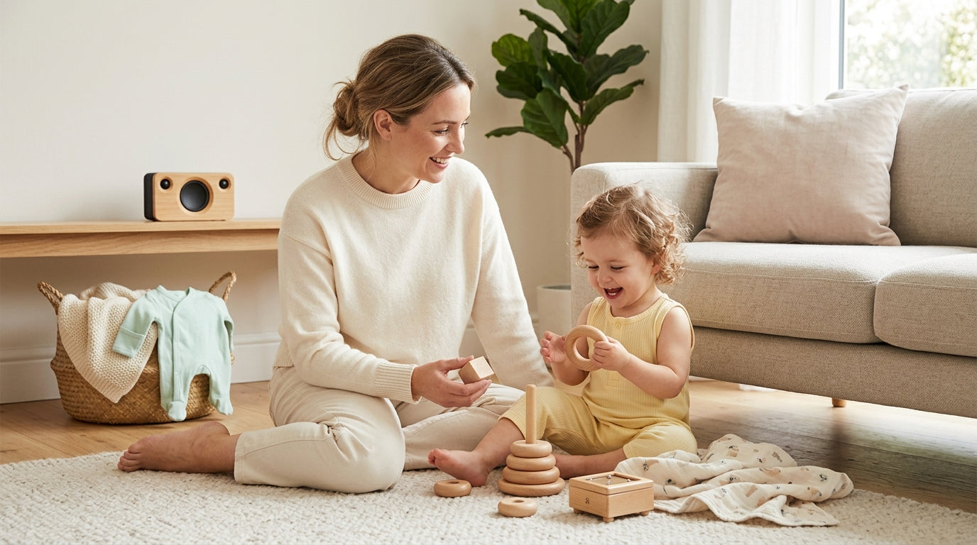 Wooden baby play gym with colorful hanging animal toys