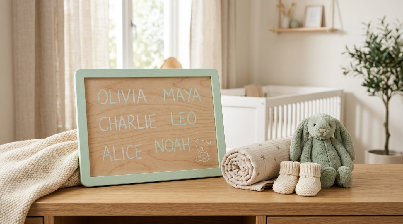 A blank hospital whiteboard waiting for a baby name to be written in blue marker.