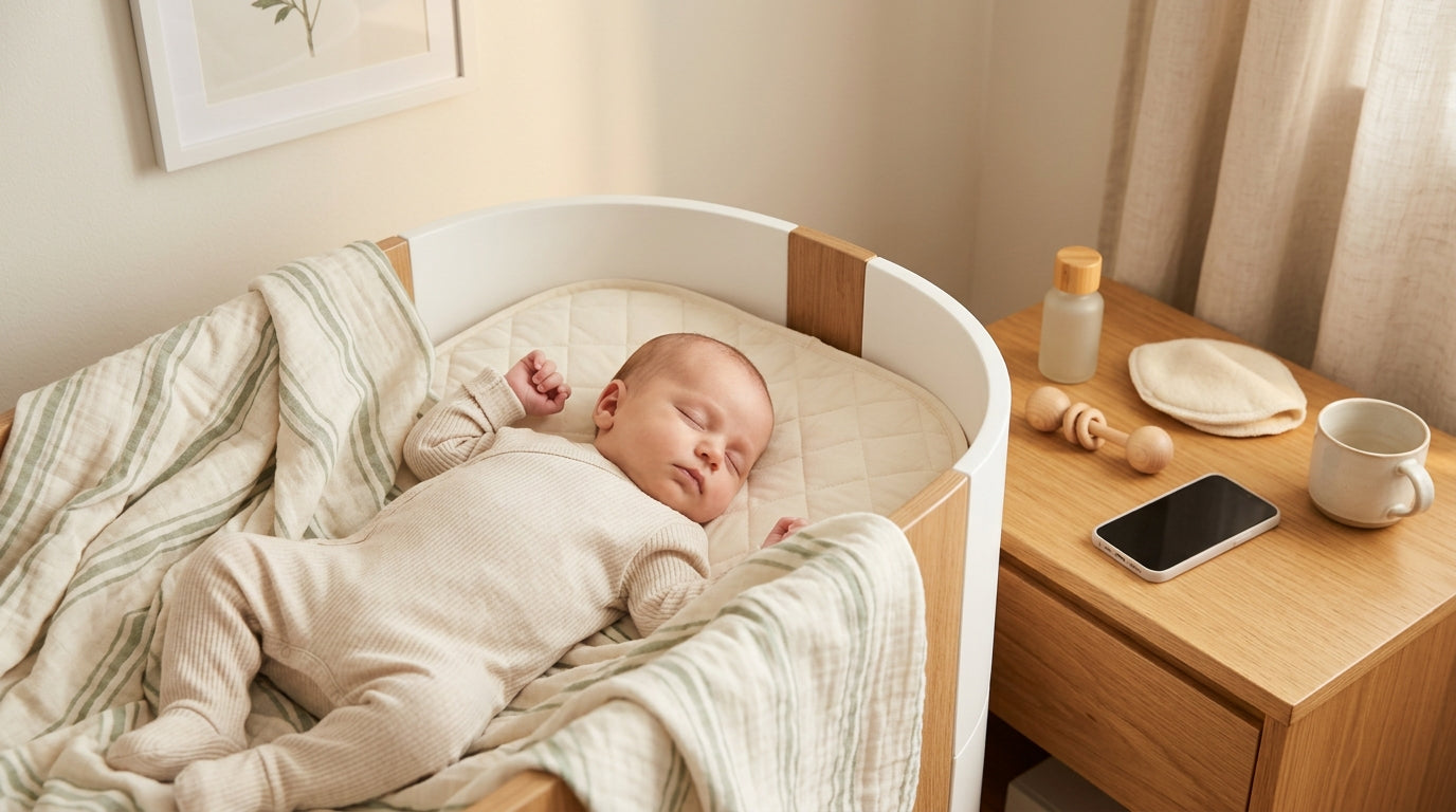 Tired mom folding organic baby clothes on a messy living room couch.