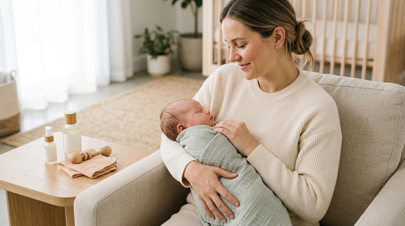 Tired mom looking in the rearview mirror wondering about postpartum wrinkle treatments