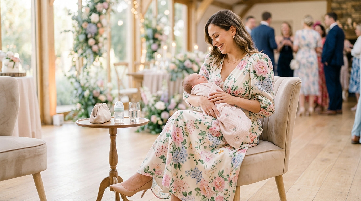Mother holding baby at a wedding reception in a blue gown