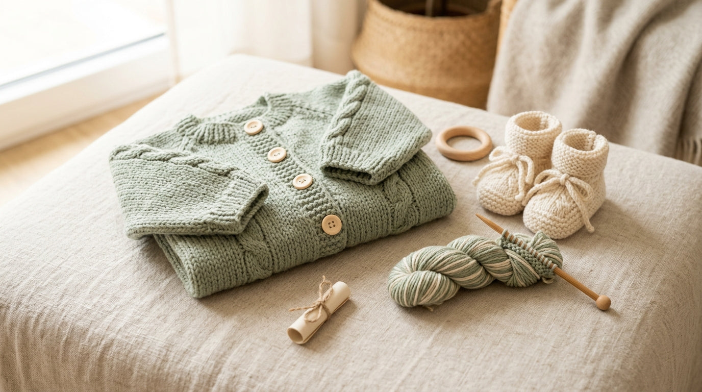 A half-finished knitted baby cardigan next to a massive cup of spilled coffee.
