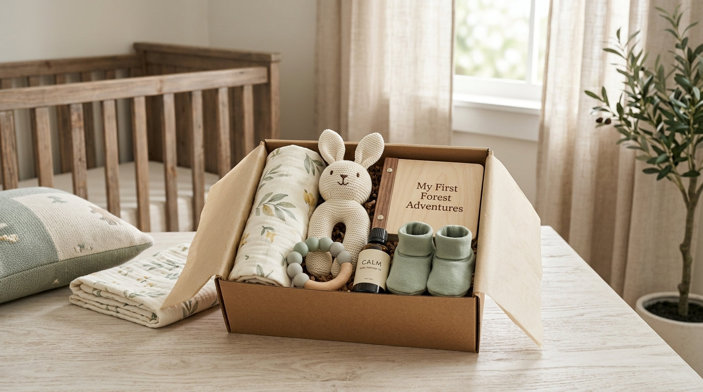 A dad staring confused at a massive pile of complicated baby shower gifts
