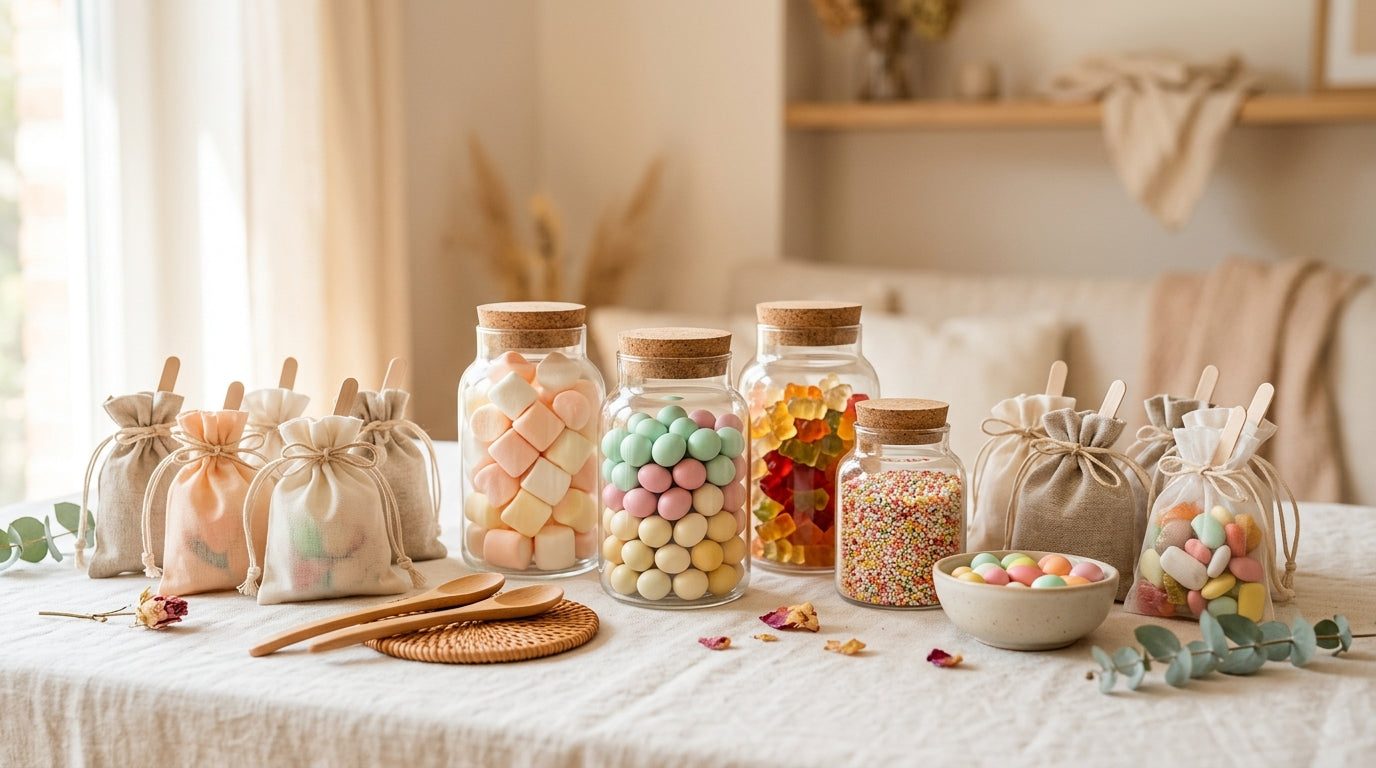 A glass jar filled with pastel sweets sitting on an oak dining table.