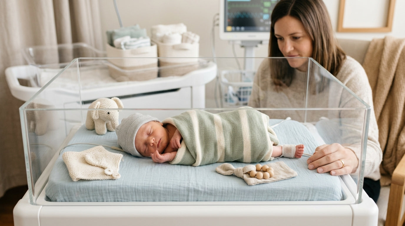 A pregnant woman sitting on a hospital bed looking stressed out