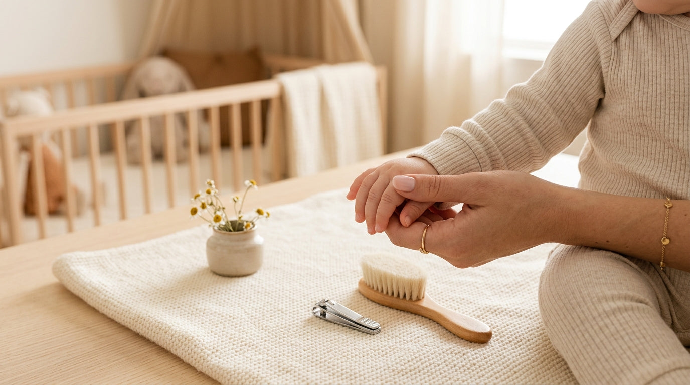 A stressed father looking at his hands while holding a baby